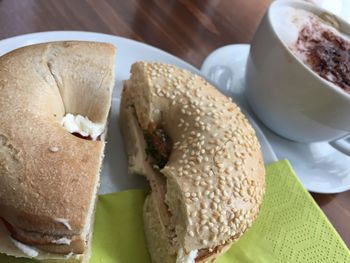 High angle view of breakfast served on table