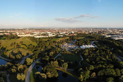 High angle view of buildings in city against sky