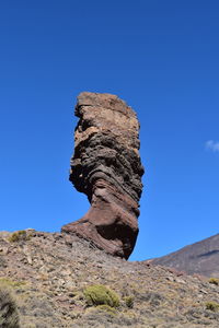 Low angle view of rock formation against clear blue sky