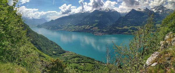 Scenic view of lake and mountains against sky