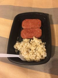 High angle view of breakfast on table