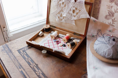 High angle view of equipment on table