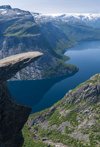 High angle view of lake amidst mountains