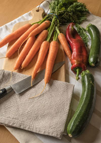 High angle view of vegetables on table at home