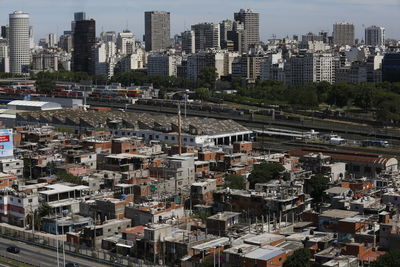 High angle view of buildings in city