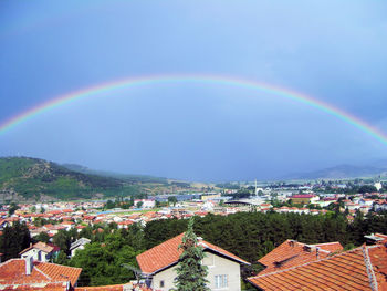 Aerial view of rainbow over buildings in city