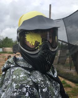 Close-up of woman wearing helmet