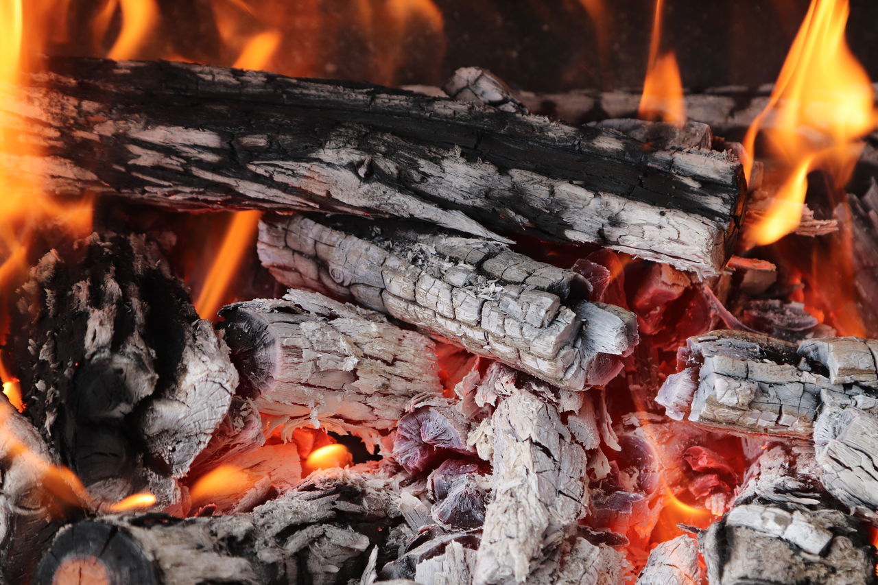 CLOSE-UP OF BURNING FIRE ON WOOD