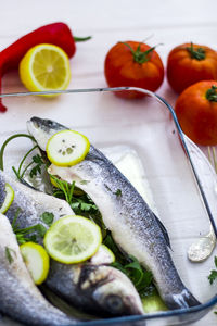 High angle view of fish on table