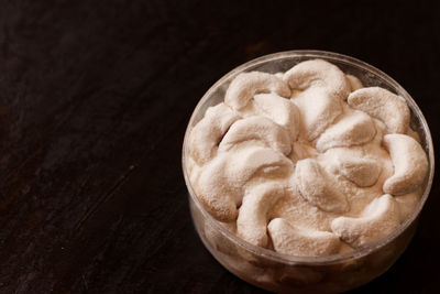 High angle view of bread in bowl on table
