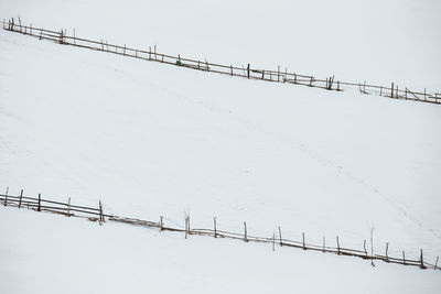 Barbed wire on snow field against clear sky