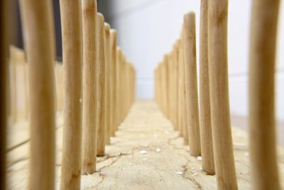 Macro perspective shot of wooden pillars