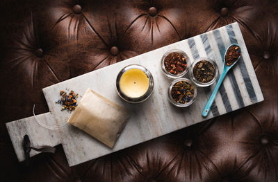 High angle view of meal served on table