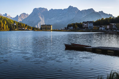 Scenic view of lake by mountains against sky