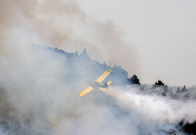 Low angle view of smoke emitting from airplane against sky