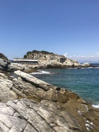 Scenic view of sea against clear blue sky