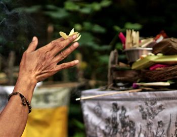 Cropped hand of woman holding flower against trees