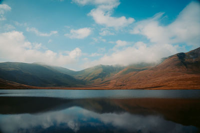 Scenic view of lake and mountains against sky