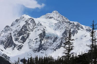 Low angle view of snowcapped mountains against sky
