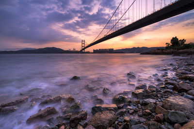 Scenic view of bay against sky at sunset