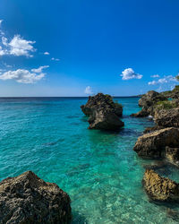 Scenic view of sea against blue sky