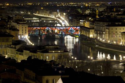 High angle view of illuminated buildings at night