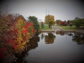 Reflection of trees in water against sky