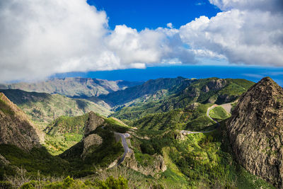 Panoramic view of landscape and mountains against sky