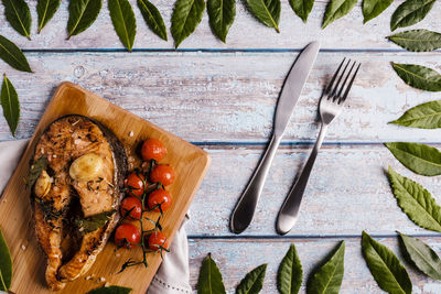 High angle view of food on table