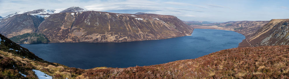 Panoramic view of sea and mountains against sky