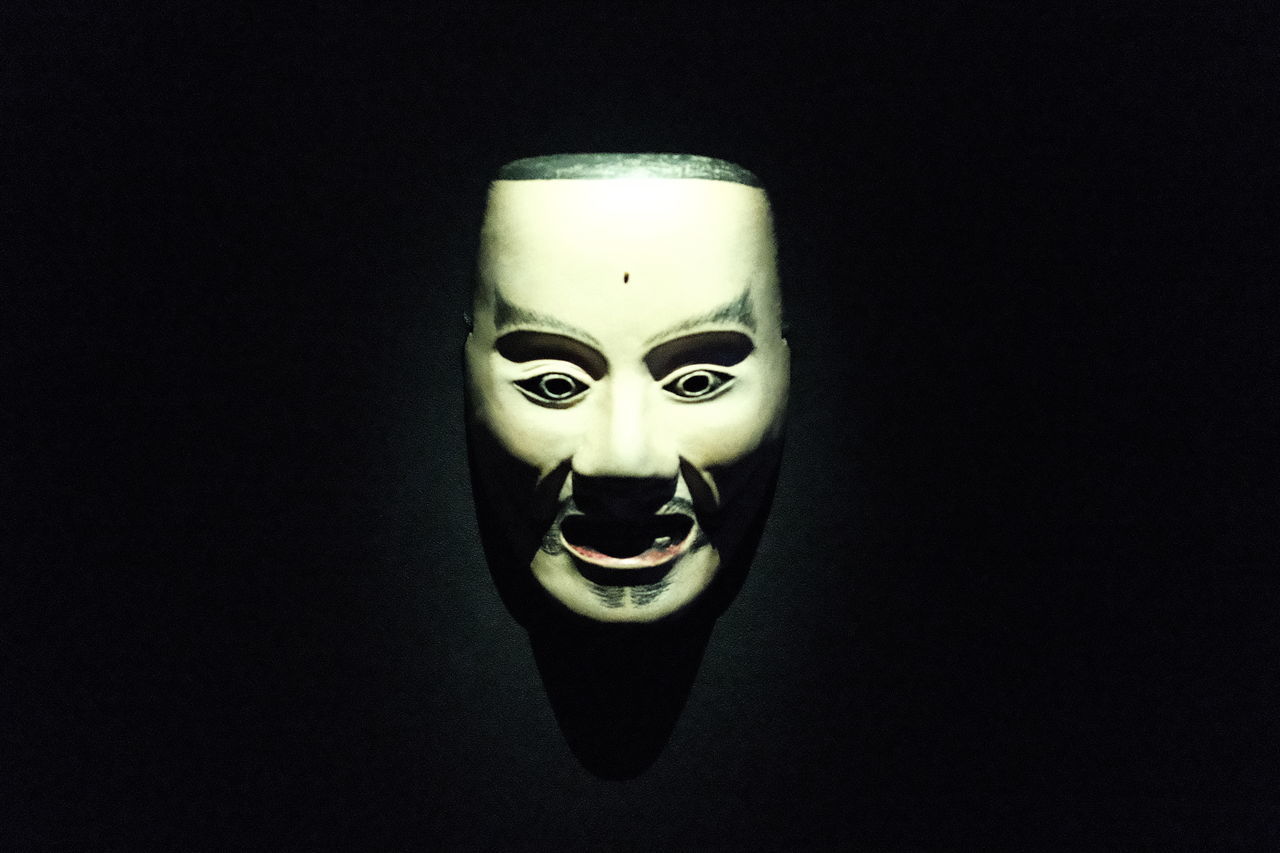 mask, disguise, mask - disguise, darkness, black background, masque, costume, indoors, human head, black, representation, clothing, mystery, human face, human representation, studio shot, celebration, copy space, single object, close-up, white, headgear, dark, spooky