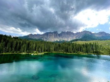 Scenic view of lake by trees against sky