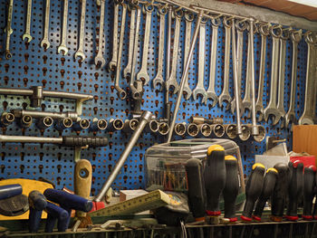 Low angle view of man welding equipment