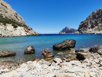 Rocks in sea against clear blue sky