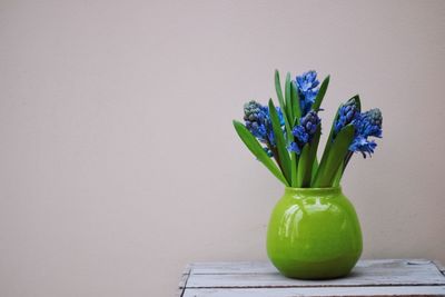 Blue hyacinths. green vase. 