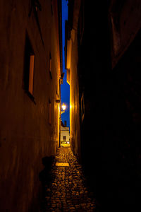 Empty alley amidst buildings in city at night