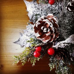 High angle view of christmas decoration on table