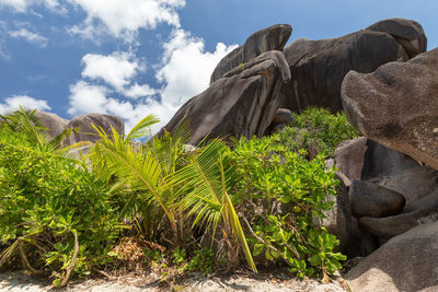 Low angle view of rocks on rock against sky