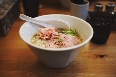 Close-up of soup in bowl on table