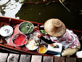 High angle view of food on boat