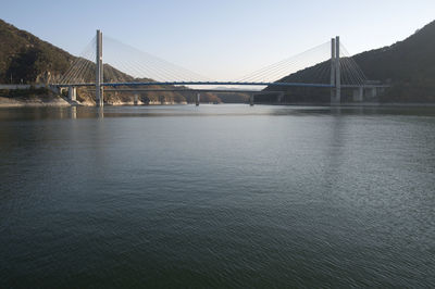 View of suspension bridge over river