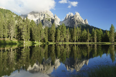 Trees and mountains reflecting in lake