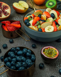 High angle view of fruits in bowl on table