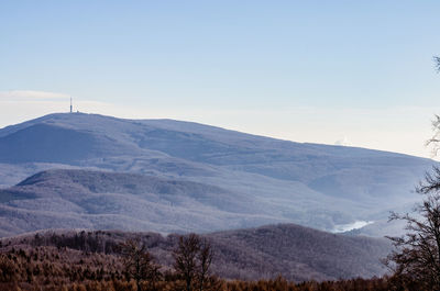 Scenic view of snowcapped mountains against clear sky