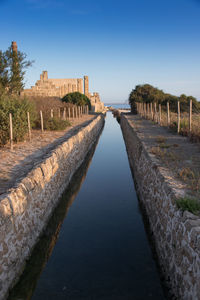 Canal amidst footpath against sky