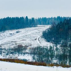 Scenic view of snow covered land against sky