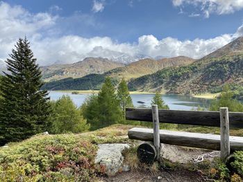 Scenic view of lake and mountains against sky