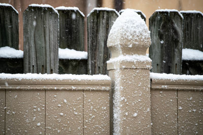 Close-up of snow on wooden fence