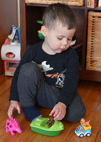 Cute young boy playing with toys in the baby room at home