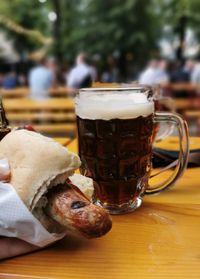 Close-up of beer glass on table